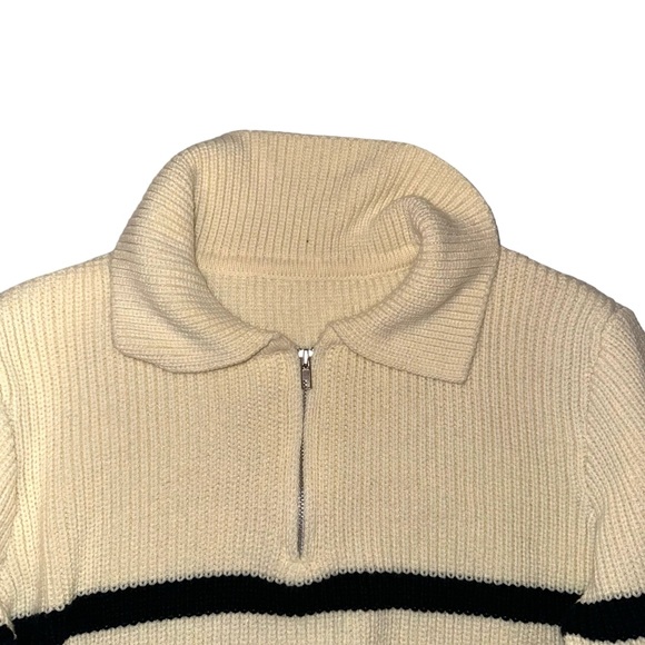 Dazy Quarter Zip Striped Polo Neck Sweater In Beige & Black - Picture 3 of 6